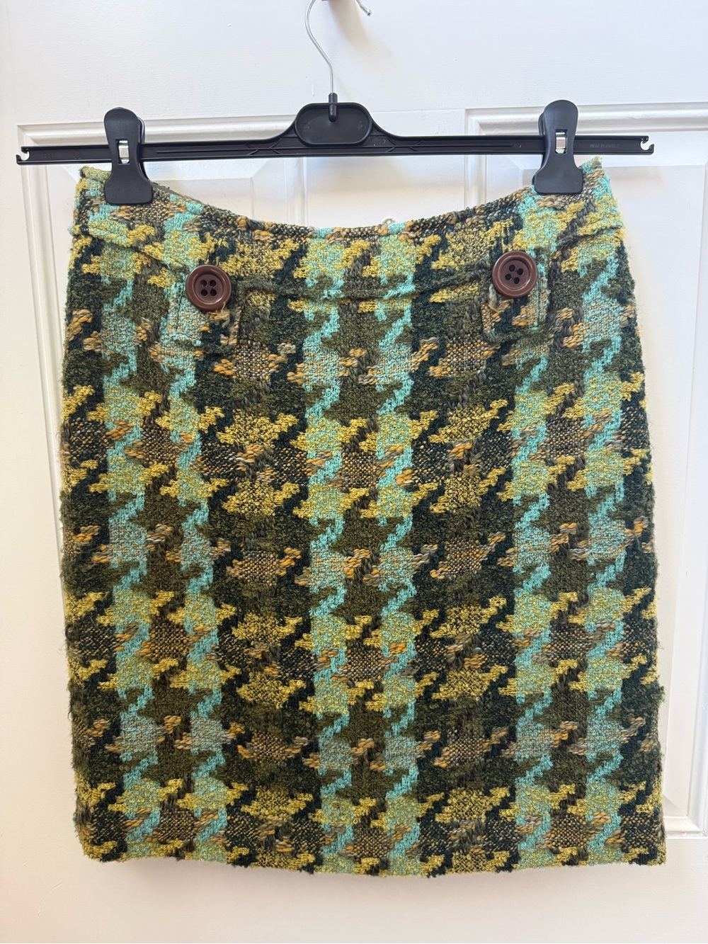 Per Se Olive, Aqua and Yellow Houndstooth Tweed Pencil Skirt